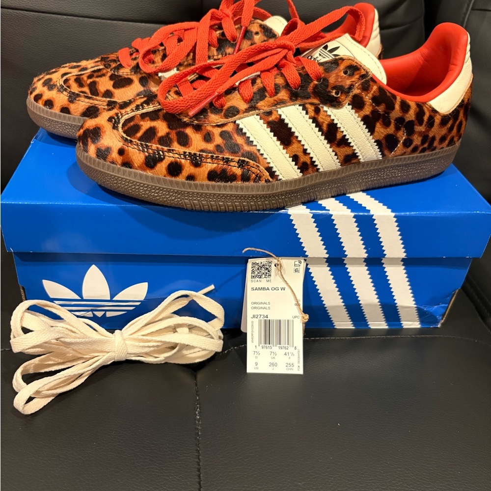 Adidas Women Leopard Samba OG Sneakers with Red & White Shoe Laces